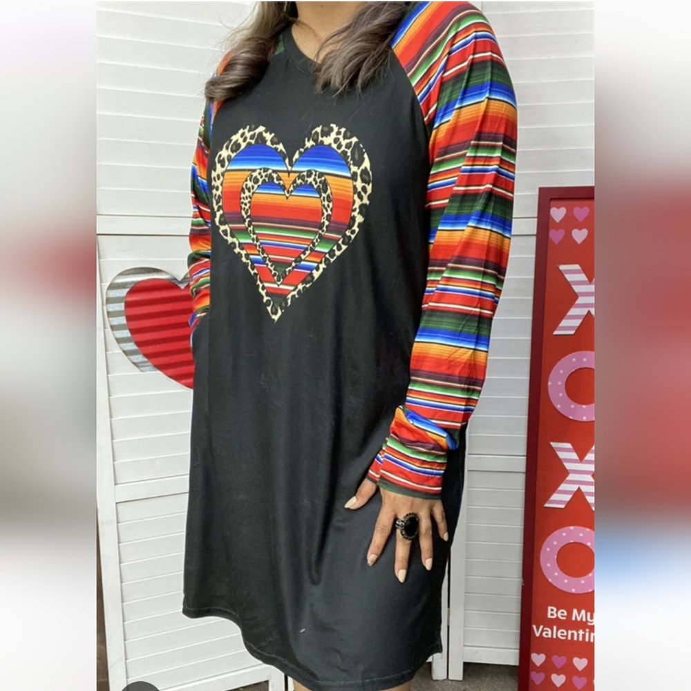 Boutique Southern Stitch 3X Plus Serape Leopard Heart Tee Shirt Dress